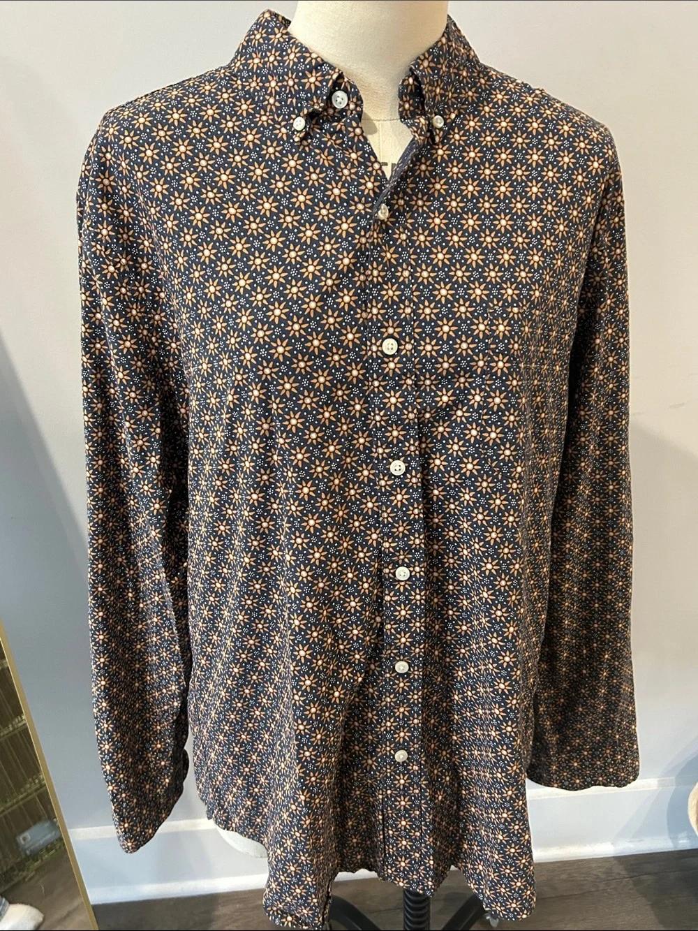 J. Crew Navy Button-Down Shirt‎ with Orange Floral Motif